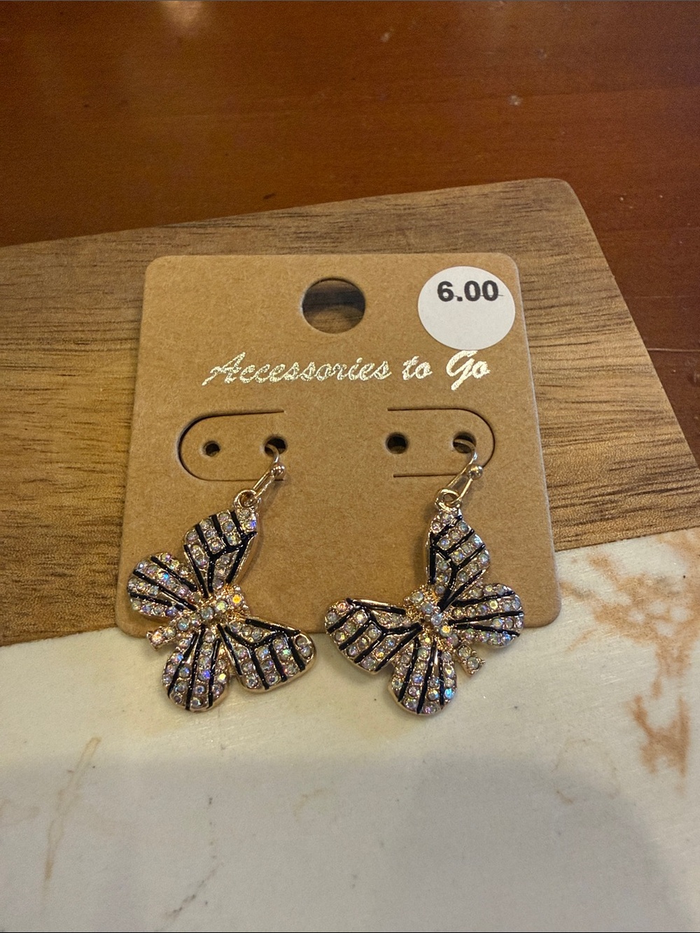 Gold Butterfly Drop Earrings with Clear Crystals